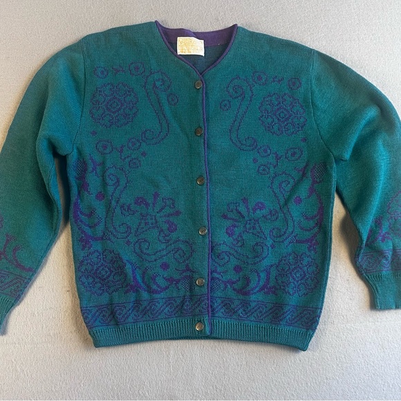 Pendleton Teal Wool Cardigan with Purple Patterns - Picture 1 of 10